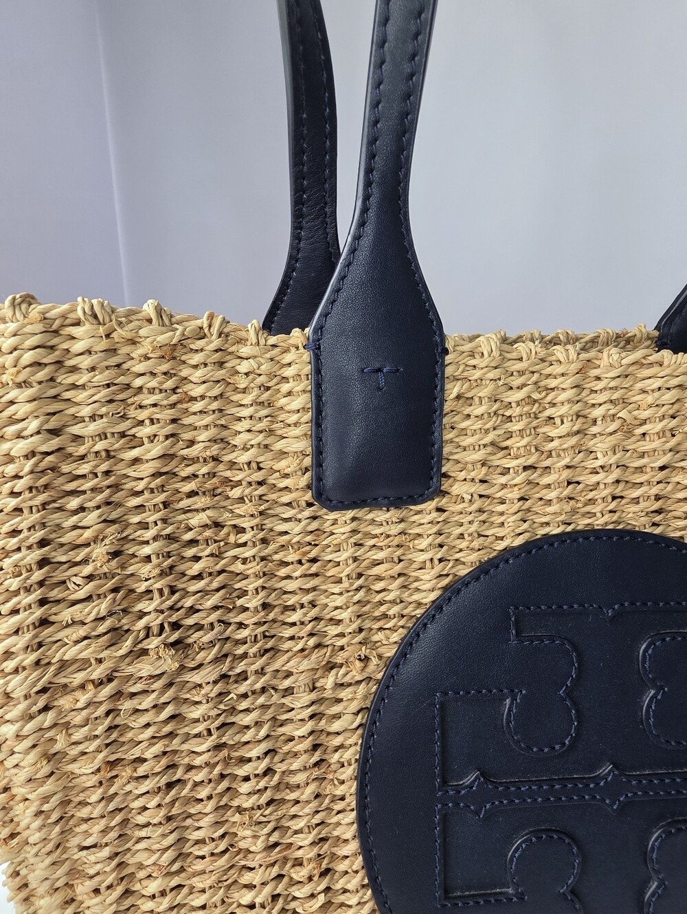 Tory Burch Ella Straw Tote | Natural Raffia & Navy Leather | Excellent - Picture 4 of 10